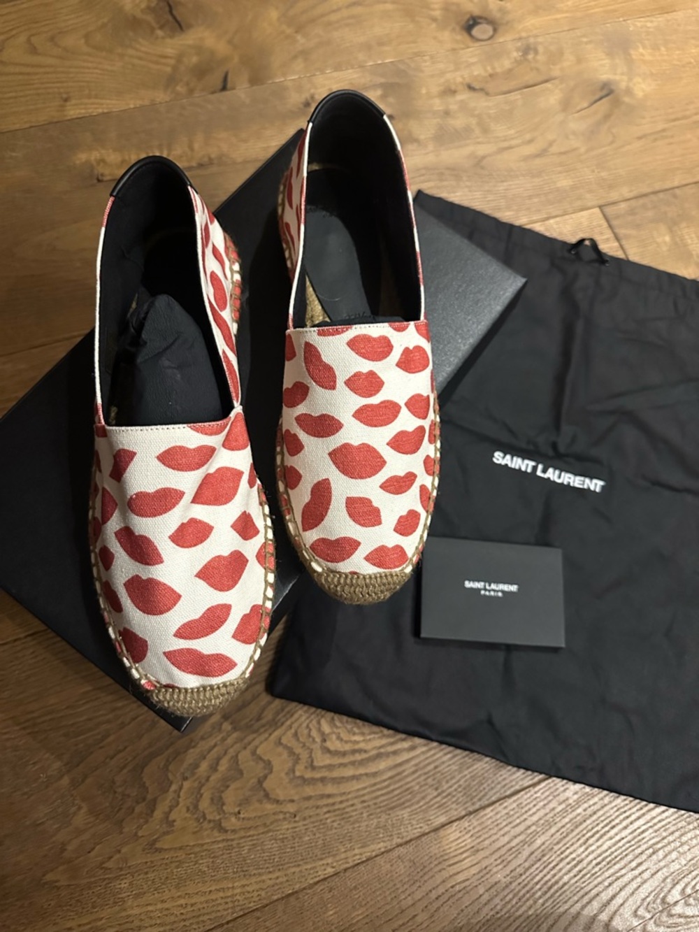 Saint Laurent Cream Canvas Espadrilles with Red Lip Print